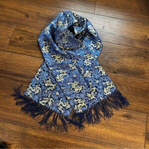 Silk Brocade Scarf EUC Dragon Floral Blue Gold Tassels 100% Silk Handmade